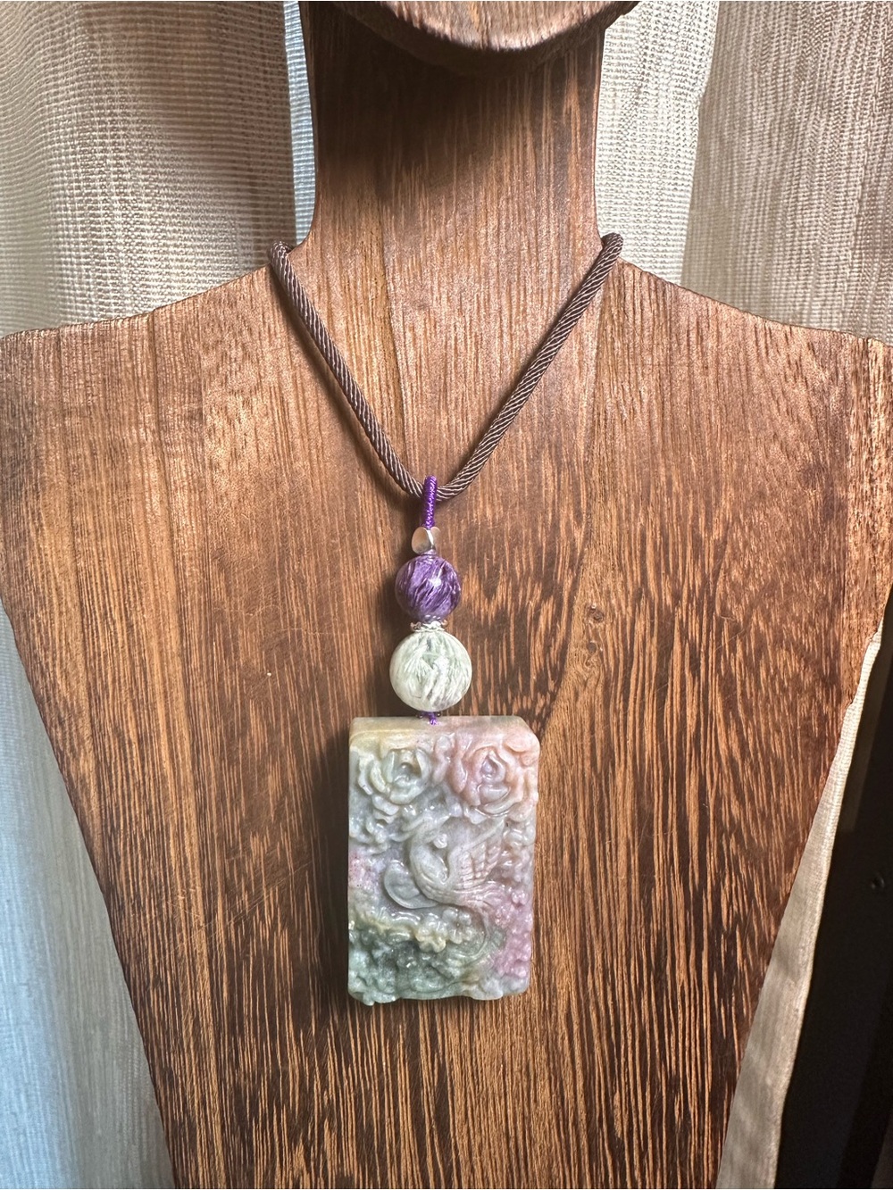 Ocean Jasper Phoenix Pendant Necklace with Feather Fluorite on Brown Rope - Picture 11 of 15